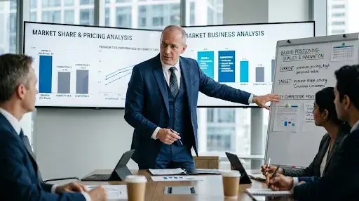 Business leader reviewing brand positioning strategy while analysing premium pricing performance in a competitive market