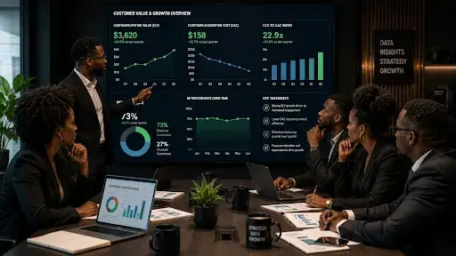 Cross-functional business meeting aligning marketing, sales, customer success, and leadership around growth strategy