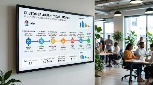 Customer journey dashboard illustrating multiple digital touchpoints before conversion