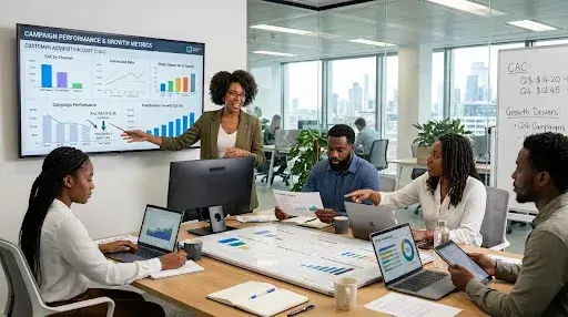 Marketing team analysing customer acquisition costs, campaign performance, and business growth metrics