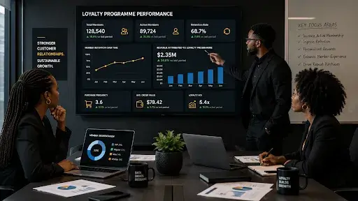 Business team reviewing customer loyalty programme performance, retention metrics, and revenue growth dashboard