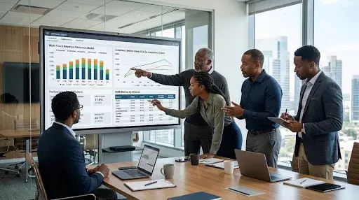 Business leadership team reviewing marketing budget, campaign performance, and revenue growth metrics