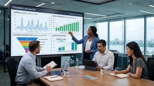 Marketing leadership team analysing campaign activity, revenue performance, customer acquisition data, and business growth metrics