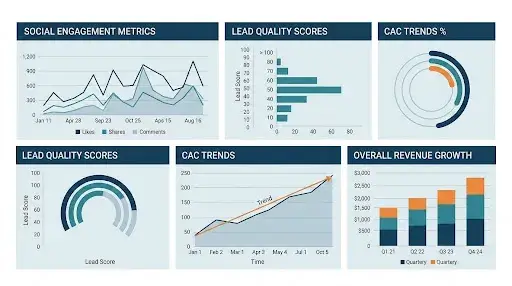 Marketing dashboard comparing engagement metrics, lead quality, conversion rates, customer acquisition costs, and revenue