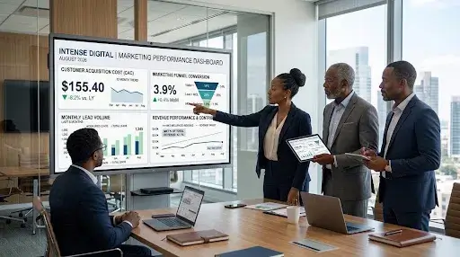 Executive team reviewing marketing performance, revenue attribution, customer lifetime value, and return on marketing investment