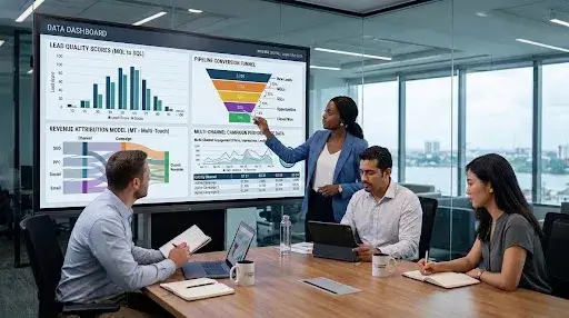 Marketing and sales teams reviewing lead quality, pipeline conversion, revenue attribution, and campaign performance