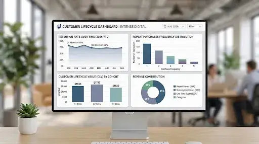 Customer lifecycle dashboard comparing retention rate, repeat purchases, customer lifetime value, and revenue contribution