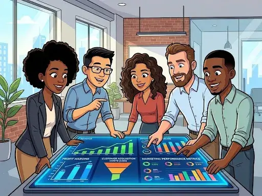 Business leadership team analysing revenue, profit margins, customer acquisition costs, and marketing performance on a financial growth dashboard