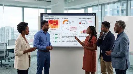 Marketing and data team reviewing customer information, data quality, and business performance across a digital dashboard