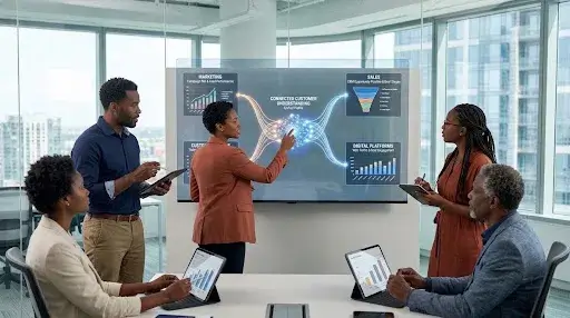 Business teams connecting customer data from marketing, sales, customer service, and digital platforms to improve customer understanding