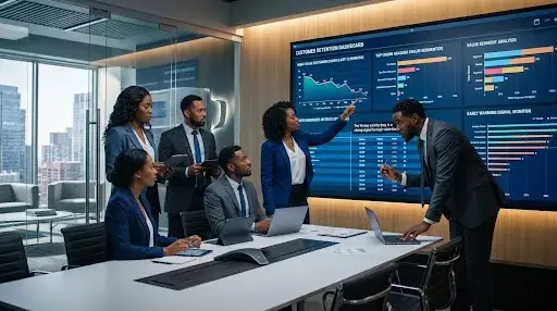 Marketing team analysing customer retention data and identifying reasons high-value customers are leaving