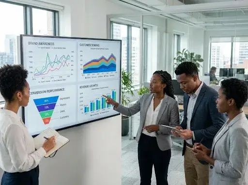 Marketing team analysing brand awareness, customer demand, conversion performance, and revenue growth on a digital marketing dashboard