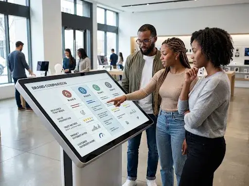 Customers comparing familiar brands based on relevance, value, trust, and product differentiation before making a purchasing decision