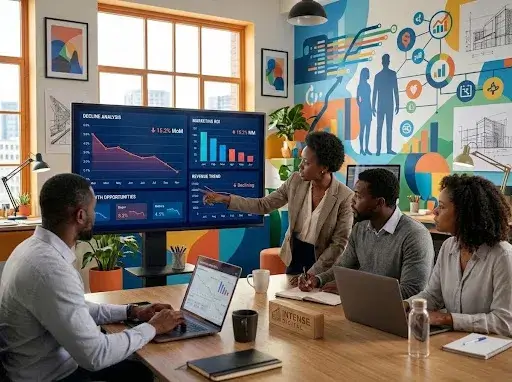 Marketing team analysing declining performance metrics to identify growth opportunities and improve business results