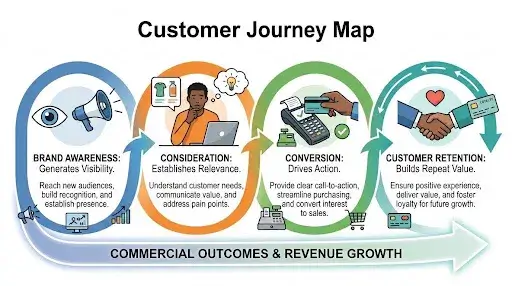 Customer journey map showing the relationship between brand awareness, consideration, conversion, and customer retention