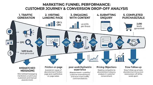 Marketing performance visual showing customer journey stages and potential points of conversion drop-off.
